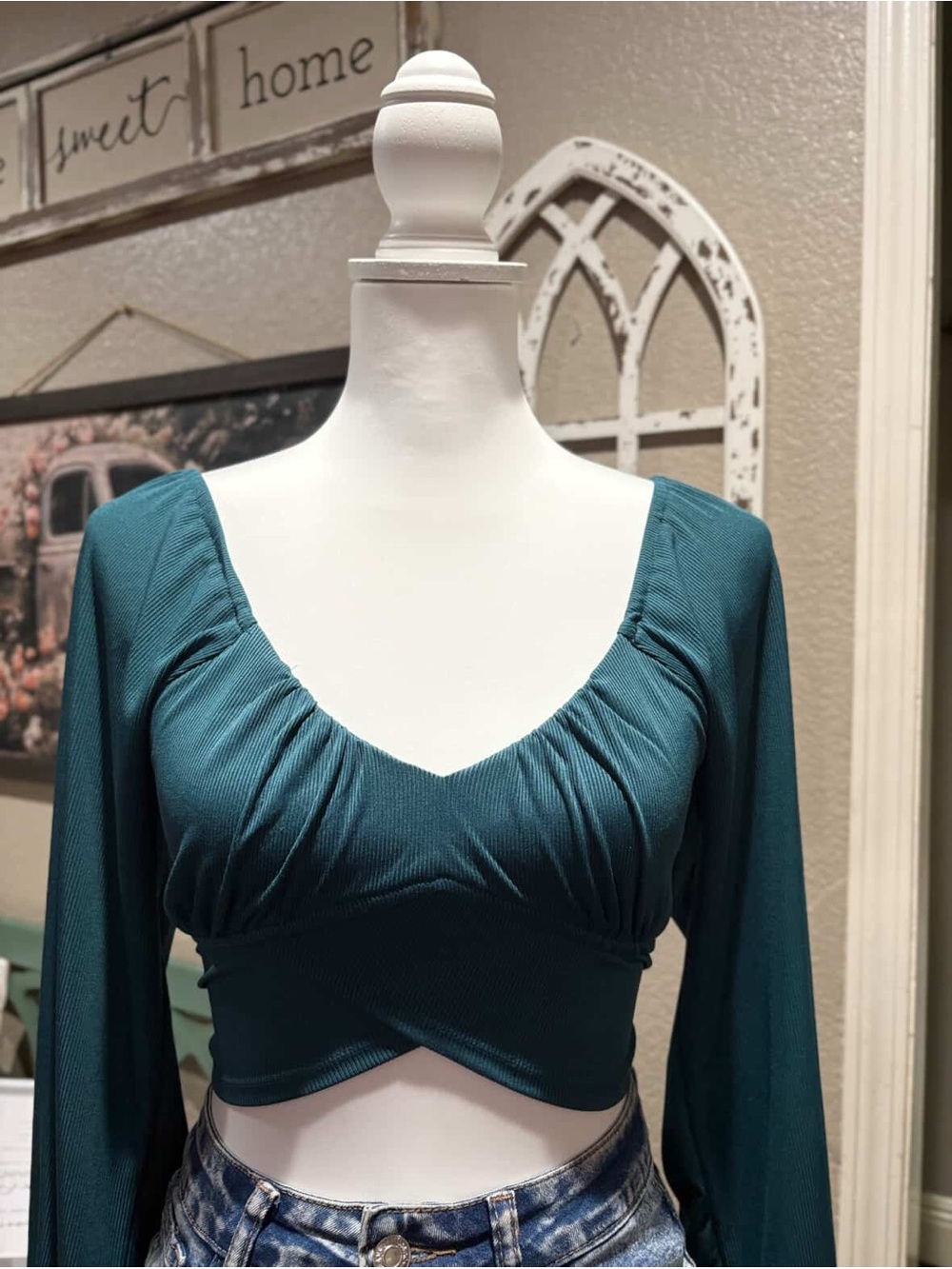 Teal Long-Sleeve Ruched V-Neck Crop Top